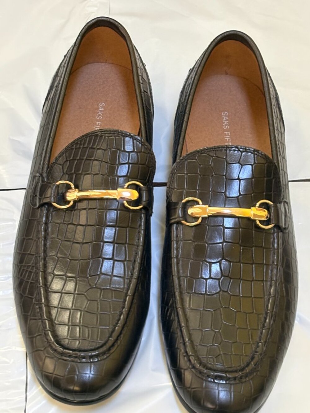 Saks Fifth Avenue croc-embossed leather horsebit loafers Sz 10.5